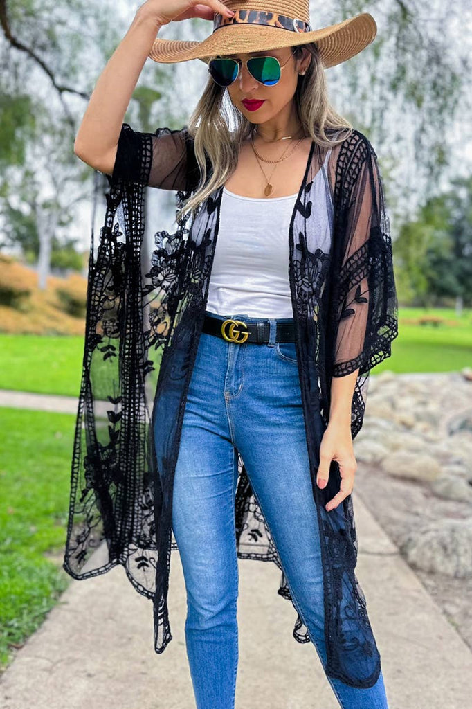 Black Floral Lace Sheer Dressy Kimono