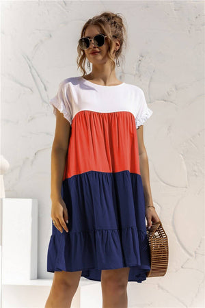 COLOR BLOCKING SHORT SLEEVED DRESS