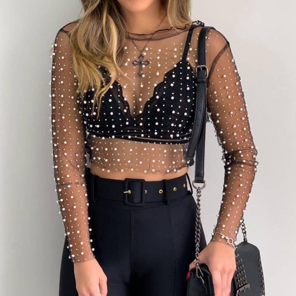 Pearl Rhinestone Studded Mesh Crop Top